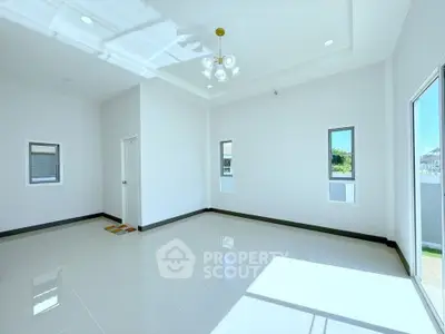 Bright and spacious empty room with large windows and modern lighting