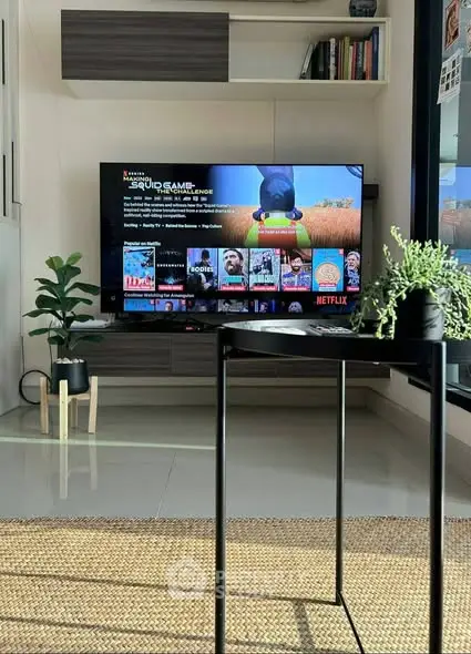 Modern living room with sleek TV setup and stylish decor