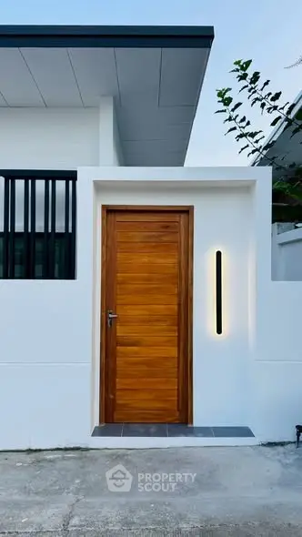 Modern minimalist house entrance with wooden door and sleek exterior lighting.