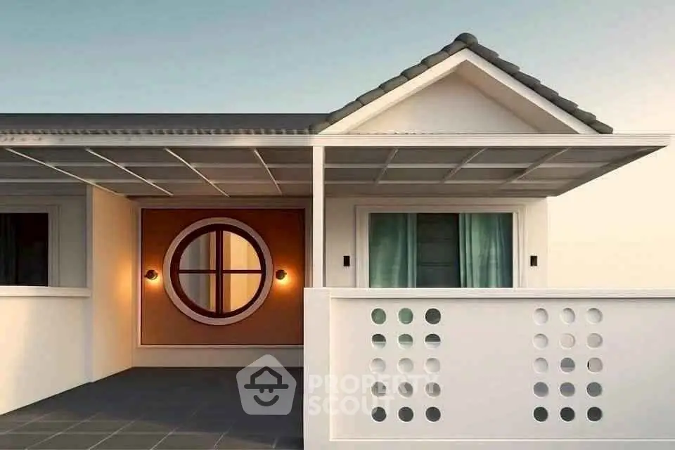 Modern minimalist house exterior with unique circular window and stylish facade.