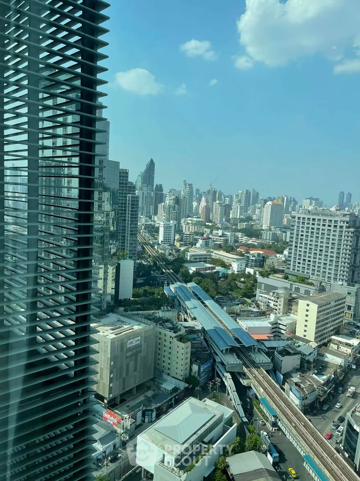 Stunning cityscape view from a high-rise building in a bustling urban area.