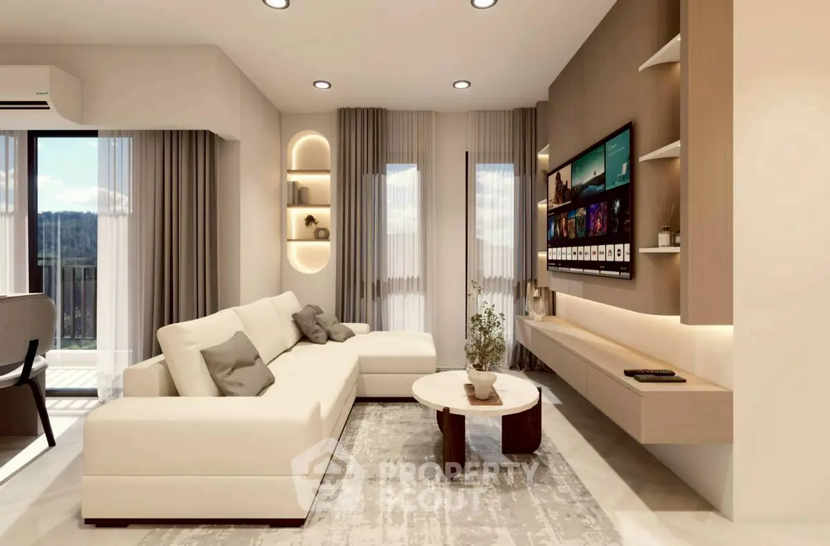 Modern living room with elegant decor and large windows offering natural light and scenic views.