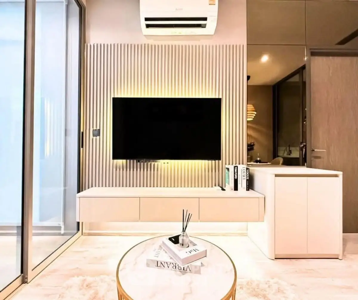 Modern living room with sleek TV setup and stylish decor