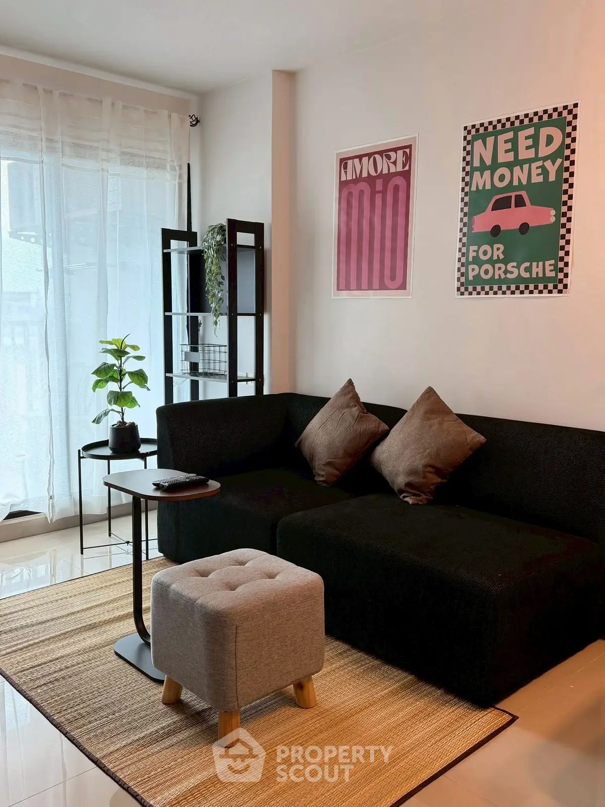 Stylish living room with modern decor and cozy seating area.