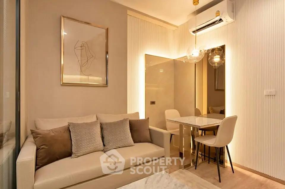 Modern living room with elegant decor and cozy seating area