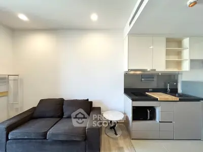 Modern compact living room with integrated kitchen, featuring sleek cabinetry and cozy seating area.