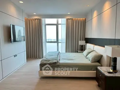 Luxurious modern bedroom with city view and elegant decor