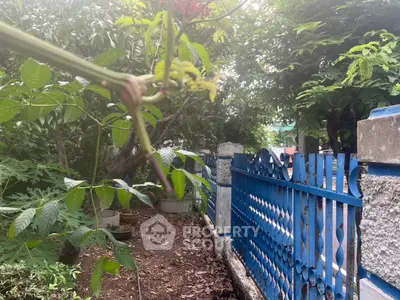 Charming garden with lush greenery and decorative blue fence, perfect for nature lovers.