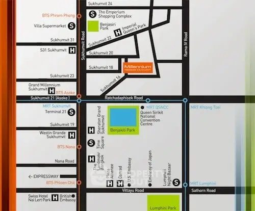 Map highlighting prime real estate locations near BTS and MRT stations in Bangkok.