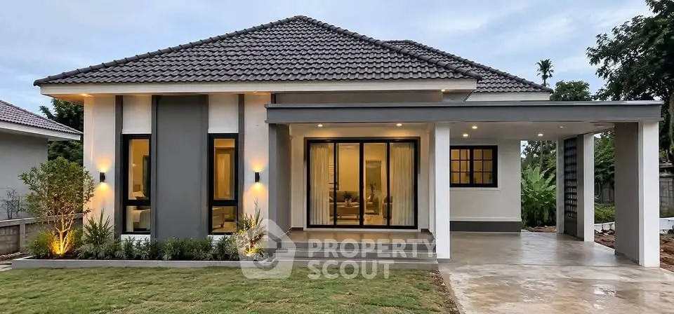 Modern single-story house with landscaped front yard and spacious driveway.