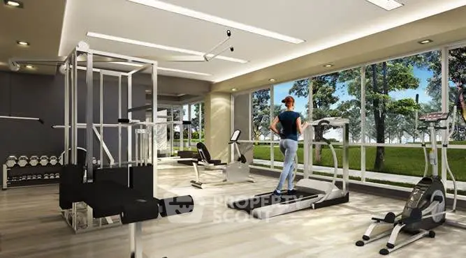 Modern gym with state-of-the-art equipment and scenic outdoor view.