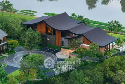 Luxurious modern home with unique architecture and lush landscaping by a serene lake.