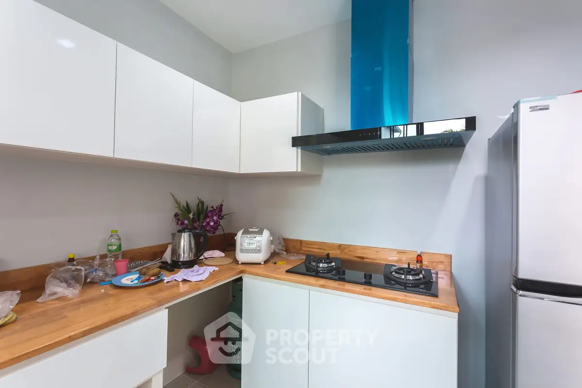 Modern kitchen with sleek cabinets and gas stove, featuring a minimalist design and bright lighting.