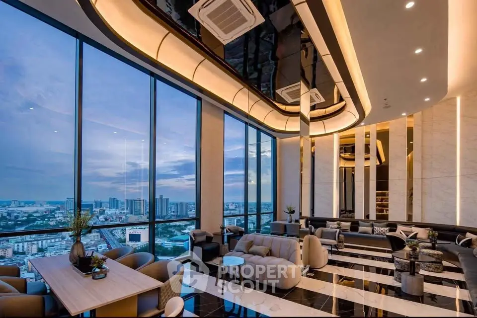 Luxurious modern living room with panoramic city views and elegant interior design.
