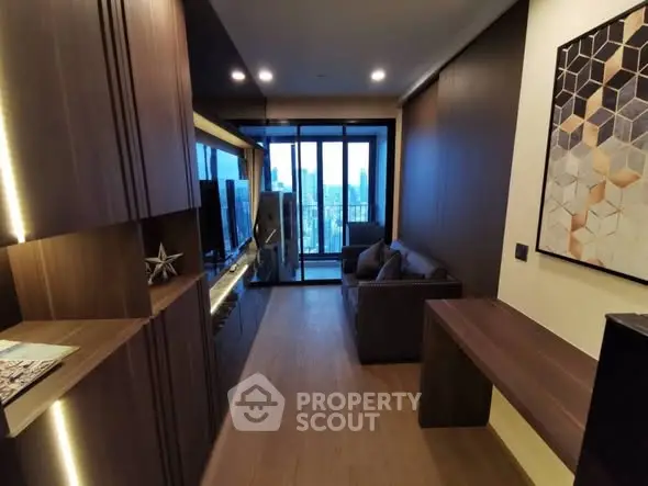 Modern living room with city view and stylish decor