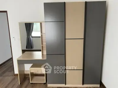 Modern bedroom with sleek wardrobe and stylish vanity set
