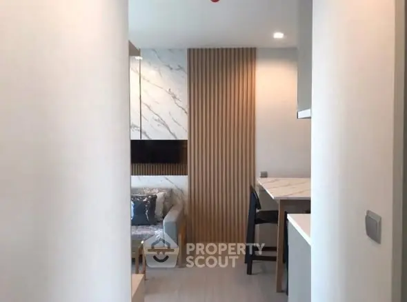 Modern apartment interior with stylish living room and kitchen area