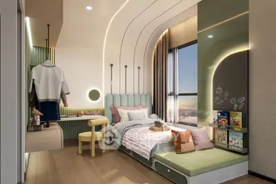 Chic modern bedroom with panoramic window and stylish decor