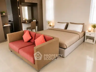 Modern bedroom with cozy sofa and stylish decor
