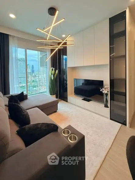 Modern living room with city view, stylish lighting, and sleek furniture design.
