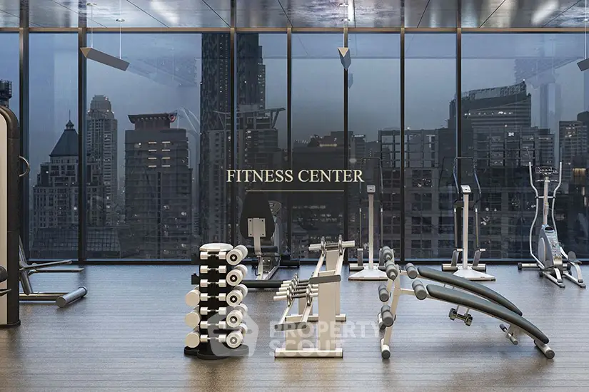 Luxurious fitness center with city skyline view, featuring modern gym equipment and floor-to-ceiling windows.
