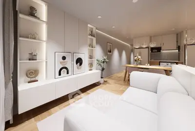 Modern open-plan living room with stylish decor and dining area, featuring sleek furniture and ambient lighting.