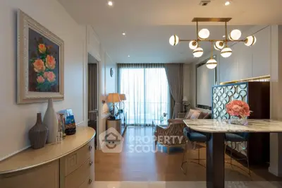 Luxurious living room with elegant decor and stunning city view, featuring modern lighting and stylish furniture.