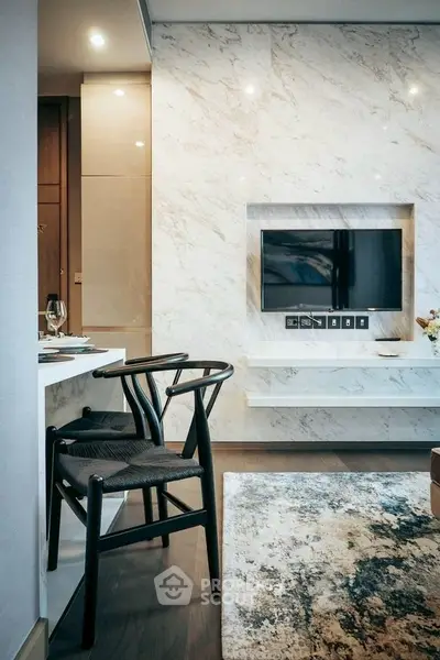 Luxurious modern living room with marble wall and sleek furniture
