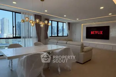 Luxurious modern living room with city view and elegant lighting