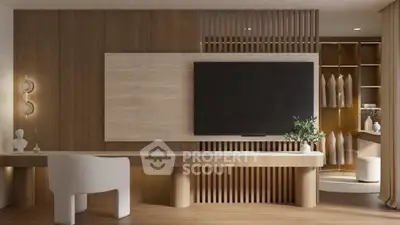 Luxurious modern living room with elegant wood paneling and large TV display.