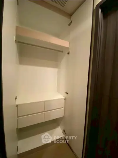 Spacious walk-in closet with modern shelving and drawers in a contemporary home.