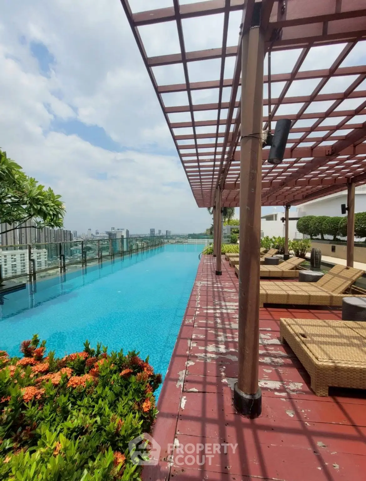 Luxurious rooftop pool with stunning city views and elegant lounging area.
