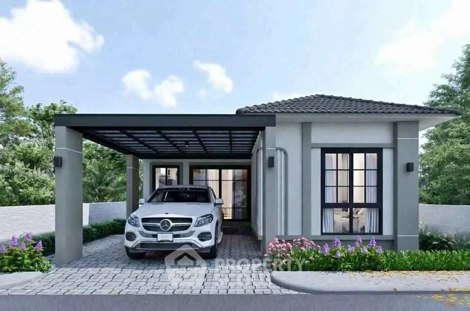 Modern single-story house with carport and landscaped garden