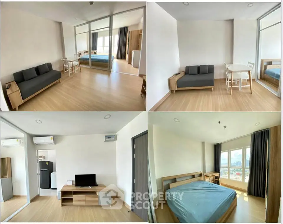 Modern apartment interior with spacious living room, cozy bedroom, and sleek kitchen area.