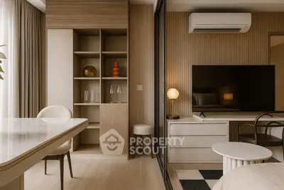 Modern living room with stylish furniture and air conditioning, perfect for urban living.