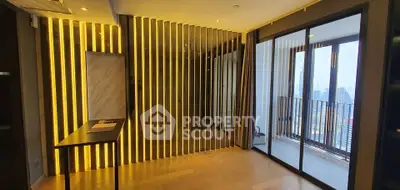 Modern apartment with stylish lighting and balcony view