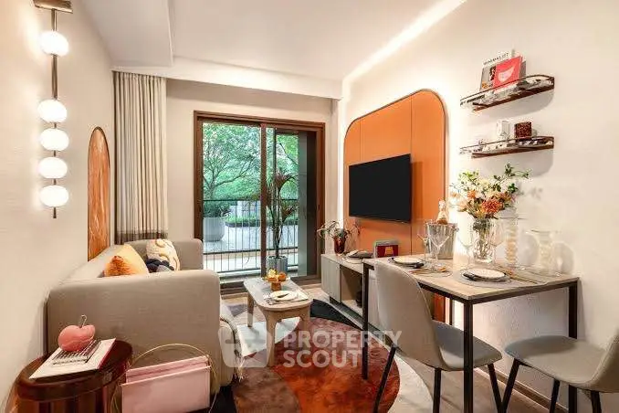 Chic modern living room with stylish decor and balcony view, perfect for urban living.