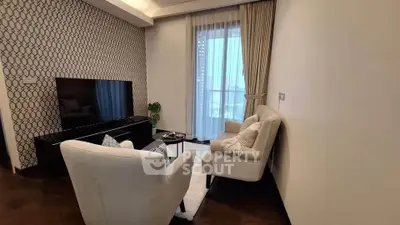 Elegant living room with modern decor and large window view