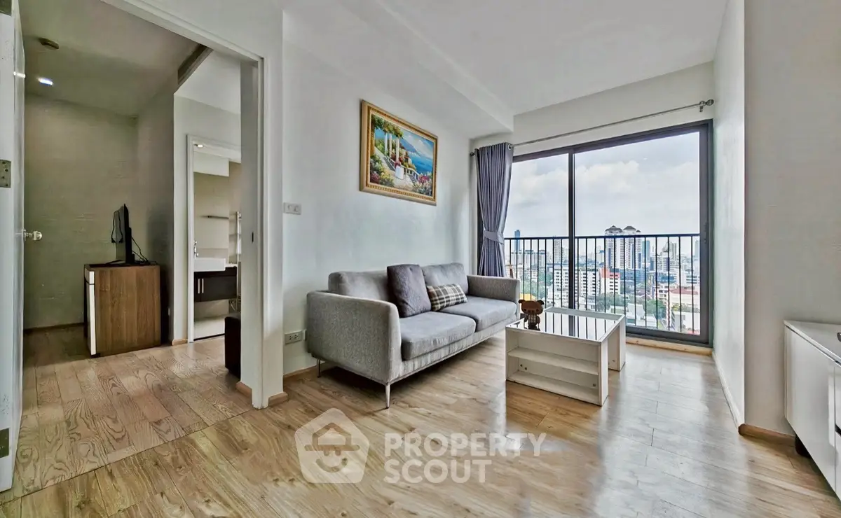 Modern living room with city view and stylish decor