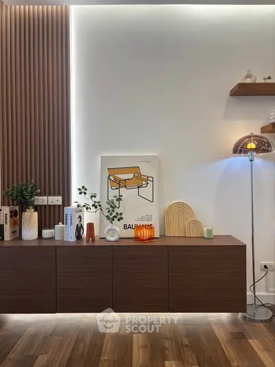 Stylish modern living room with wooden accents and contemporary decor