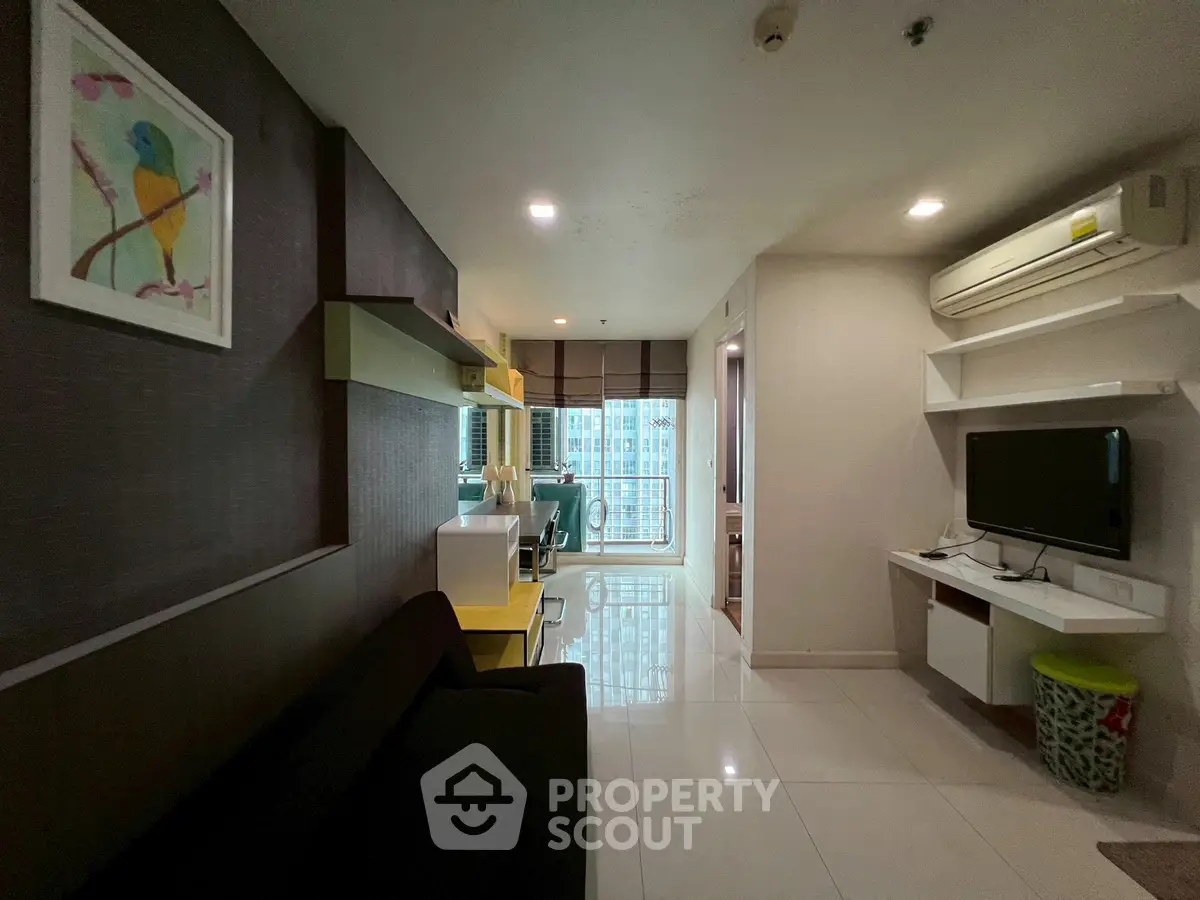 Modern living room with sleek design and city view