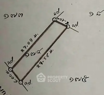 Schematic plan of a rectangular plot with measurements in Thai script.