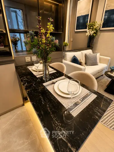 Luxurious modern living room with elegant dining area and stylish decor