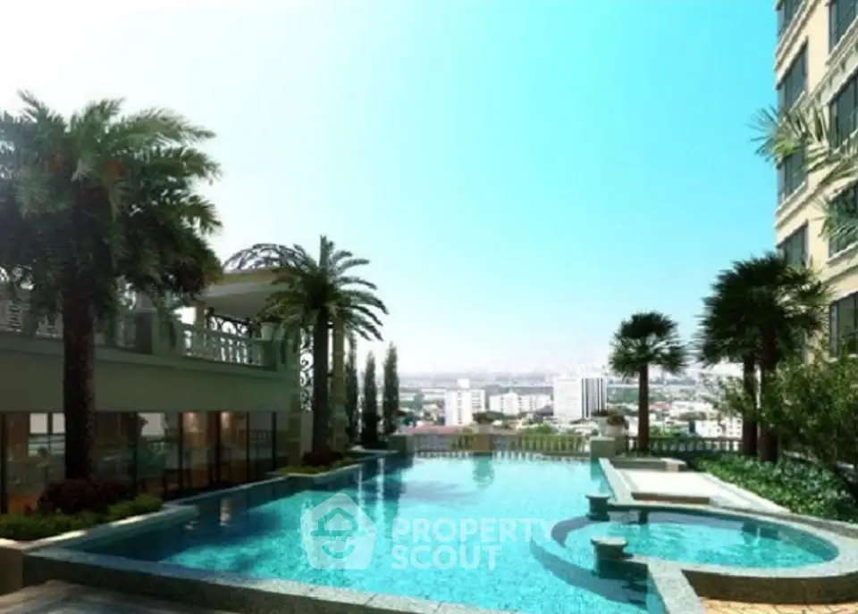 Luxurious rooftop pool with stunning city views and lush palm trees.