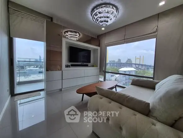 Luxurious living room with panoramic city view and elegant decor