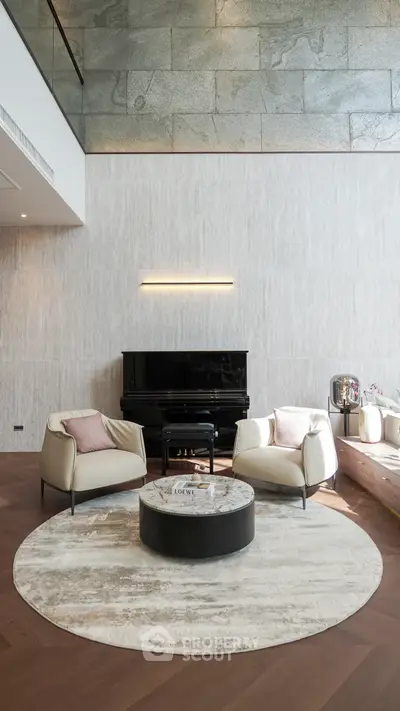 Luxurious living room with elegant piano and modern seating arrangement