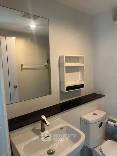 Modern bathroom with sleek sink and mirror, ideal for contemporary living.