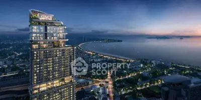 Stunning high-rise building with panoramic ocean view at sunset, featuring luxurious rooftop garden.