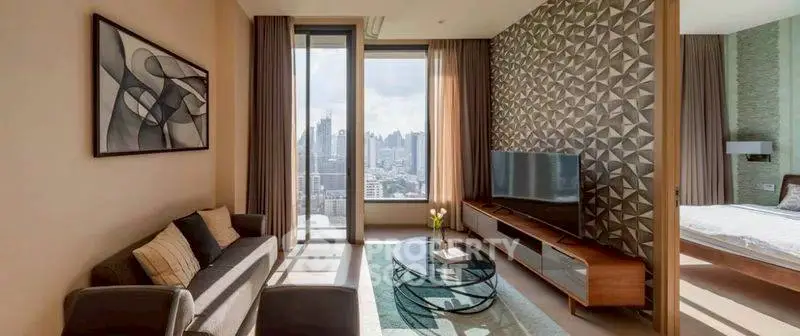 Luxurious modern living room with stunning city view and stylish decor