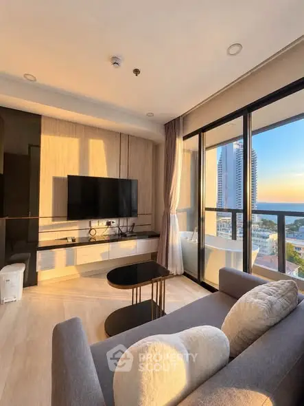 Modern living room with stunning city view and elegant decor
